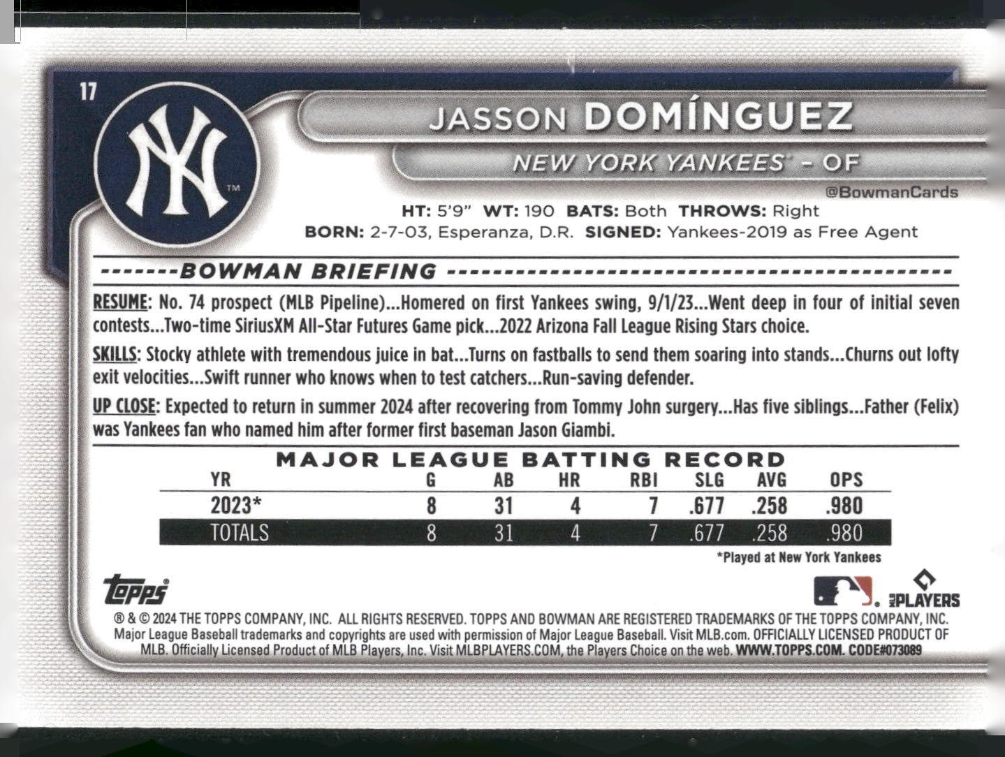 2024 Bowman #17 Jasson Domínguez