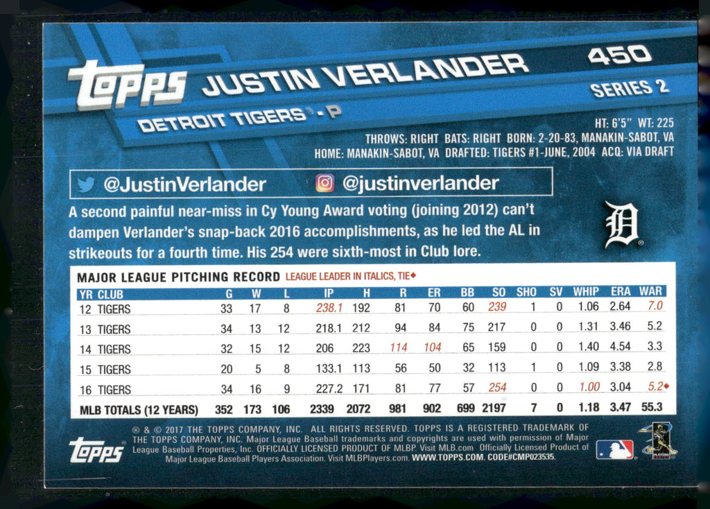2017 Topps #450 Justin Verlander