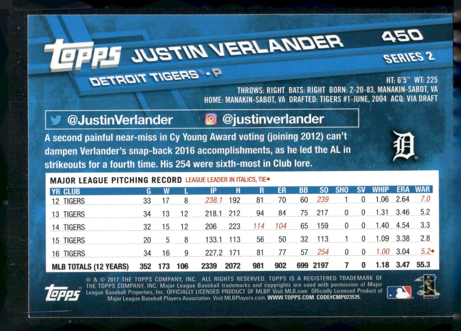 2017 Topps #450 Justin Verlander