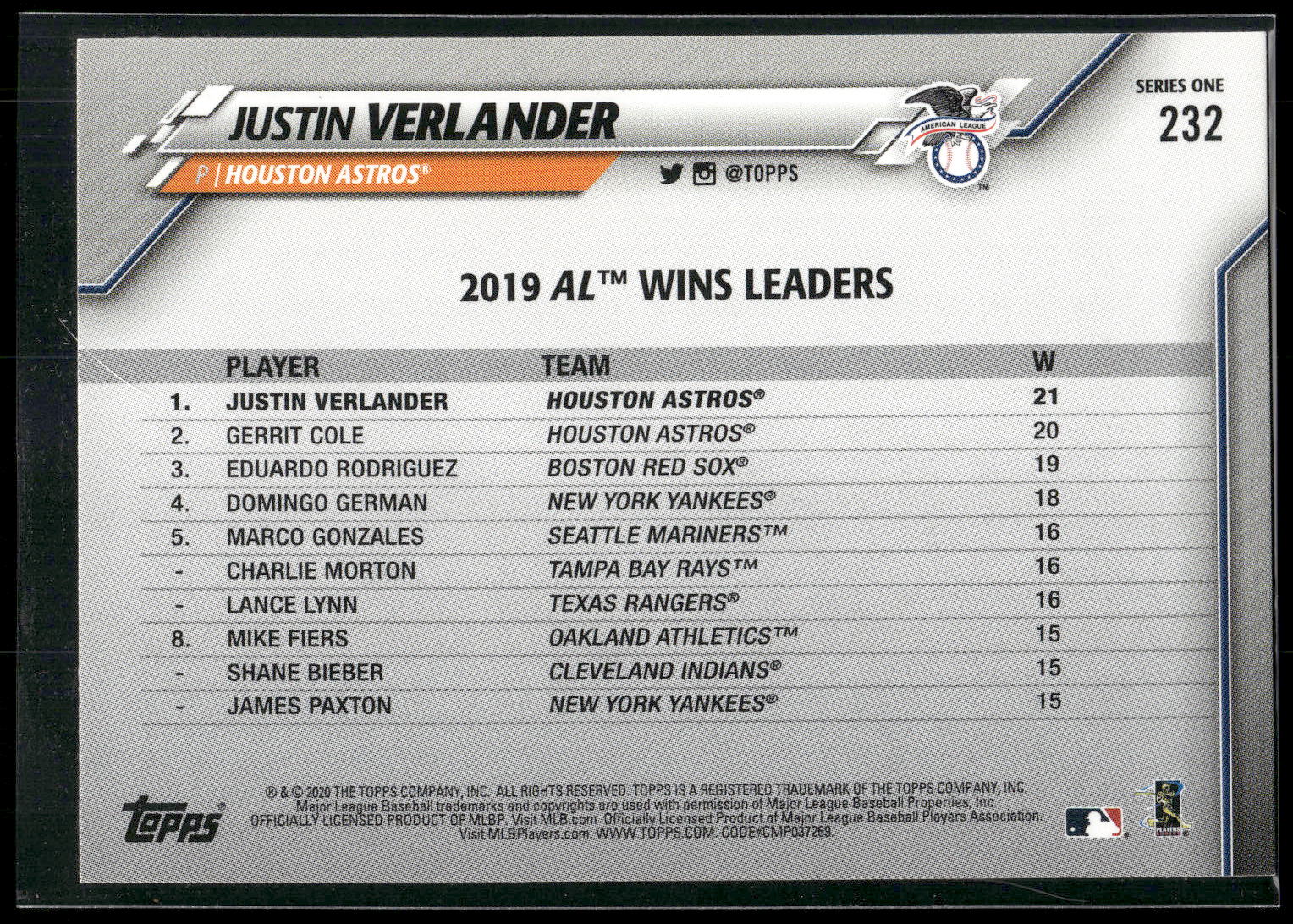 2020 Topps #232 Justin Verlander