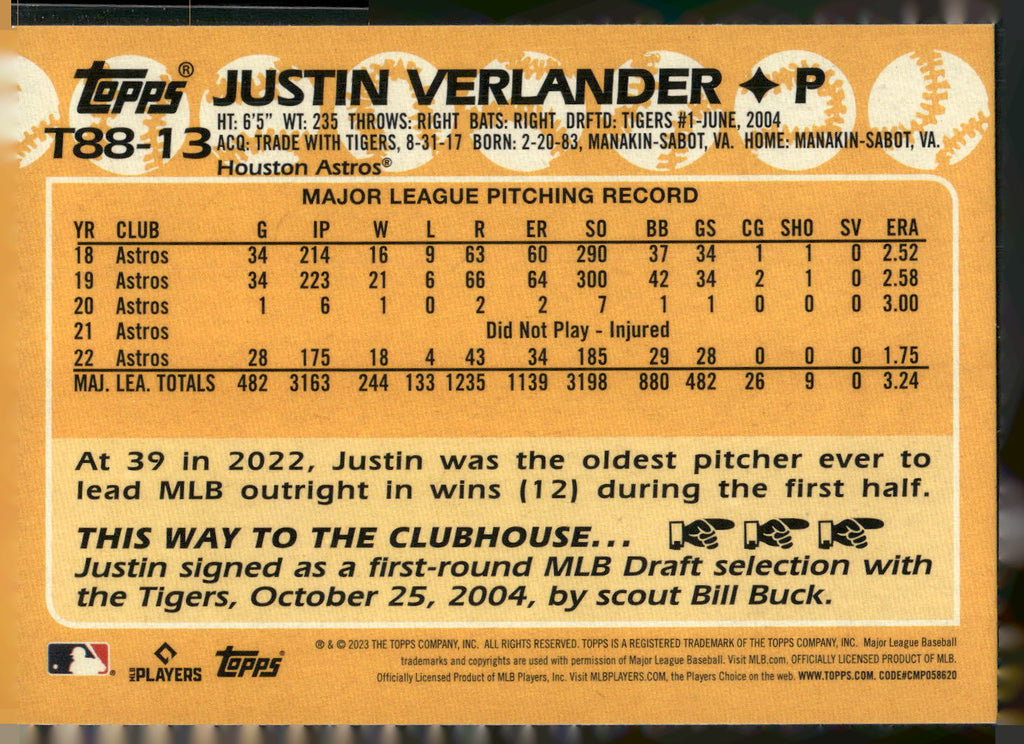 2023 Topps #T88-13 Justin Verlander 1988 Topps Baseball 35th