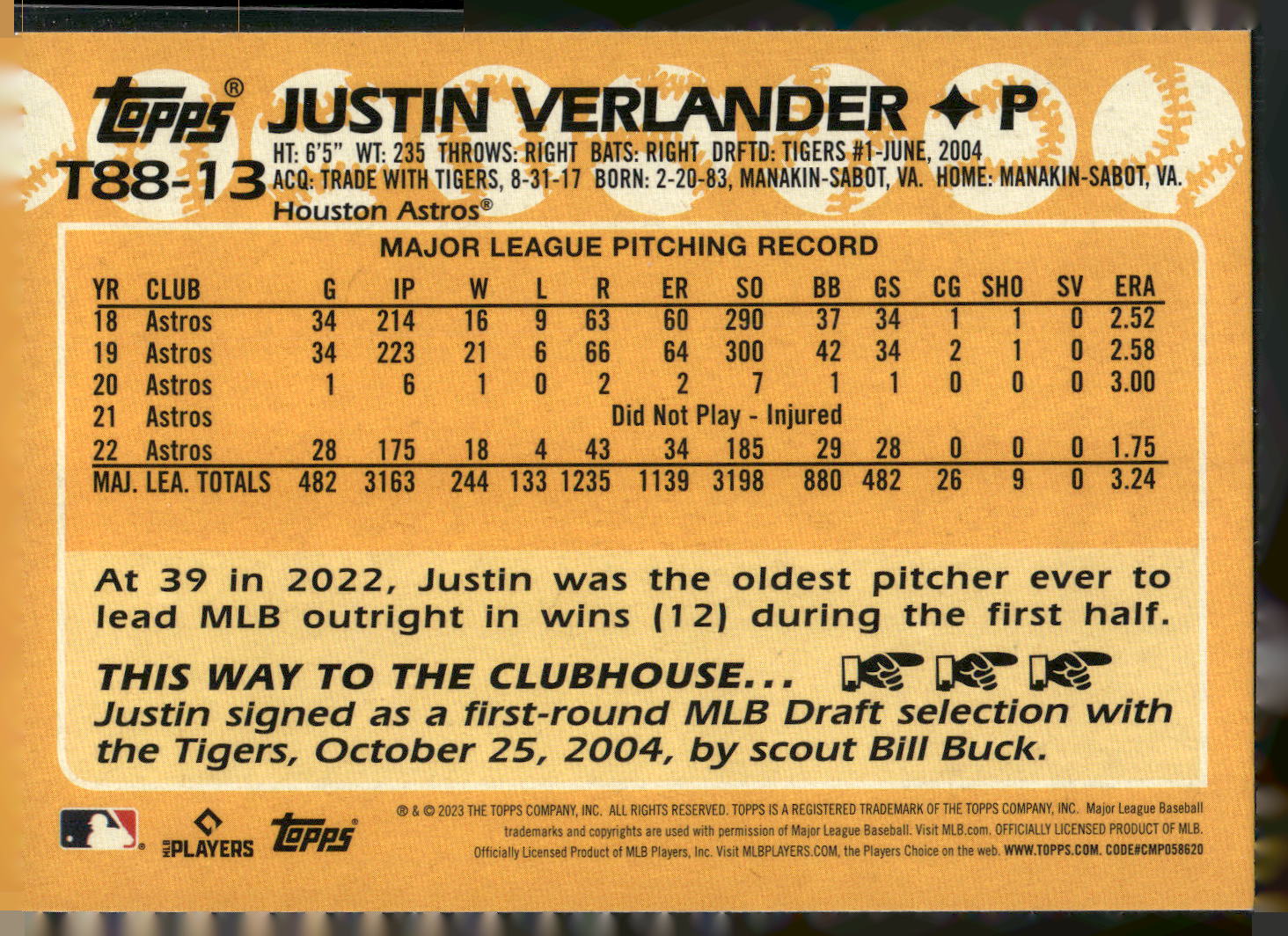 2023 Topps #T88-13 Justin Verlander 1988 Topps Baseball 35th