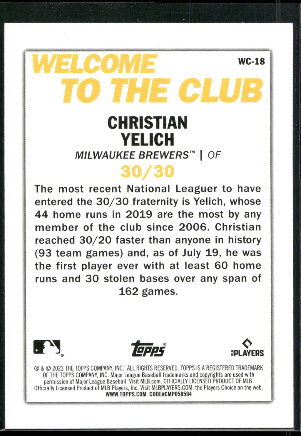 2023 Topps #WC-18 Christian Yelich Welcome to the Club