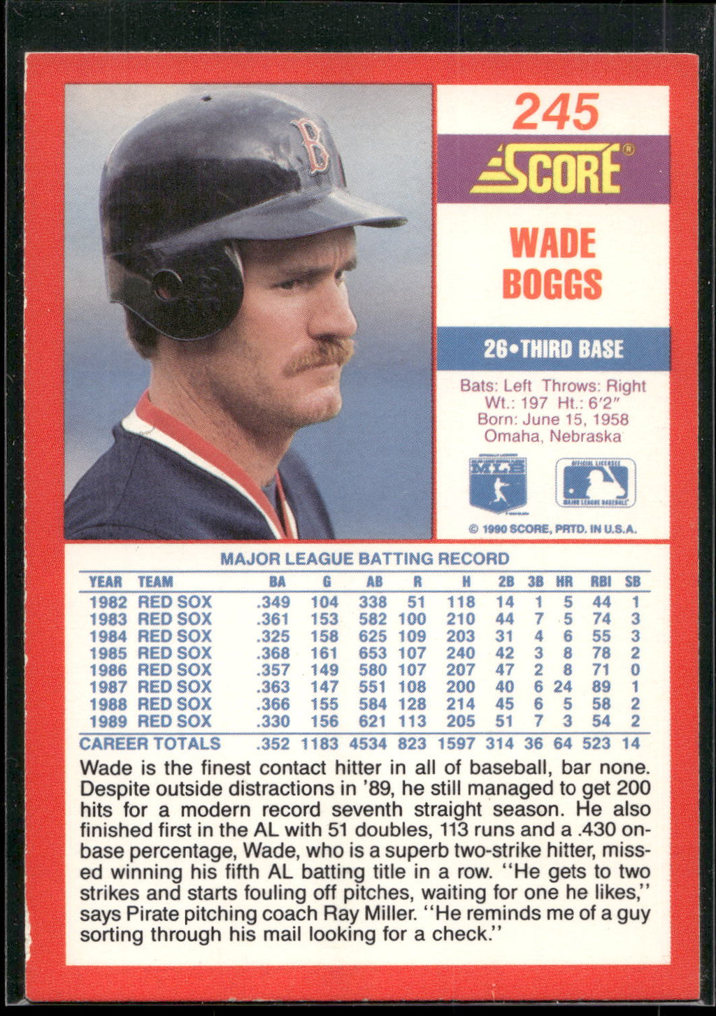 1990 Score #245 Wade Boggs