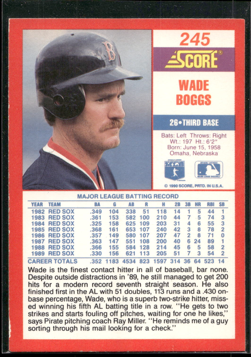 1990 Score #245 Wade Boggs