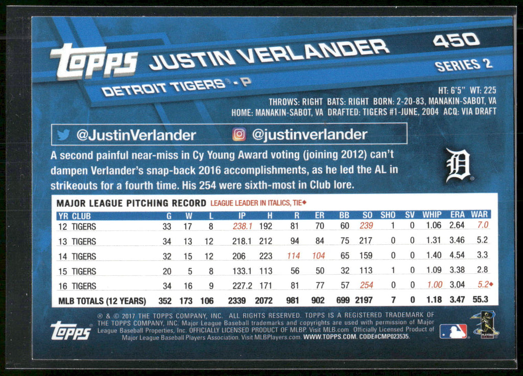 2017 Topps #450 Justin Verlander