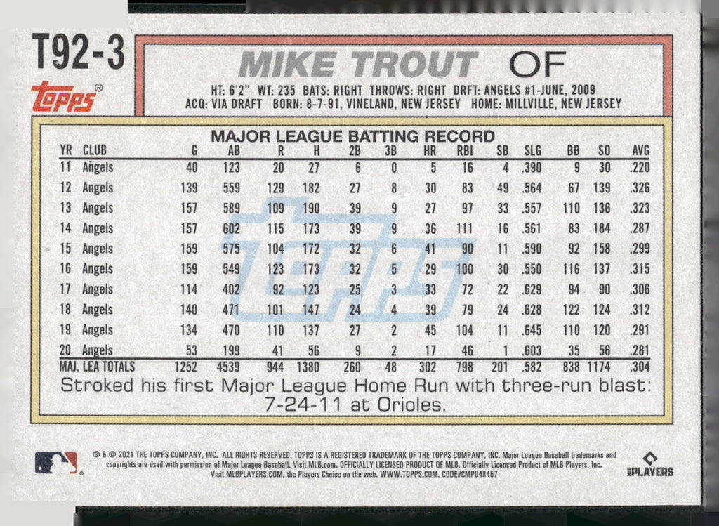 2021 Topps Update #T92-3 Mike Trout 1992 Topps Redux