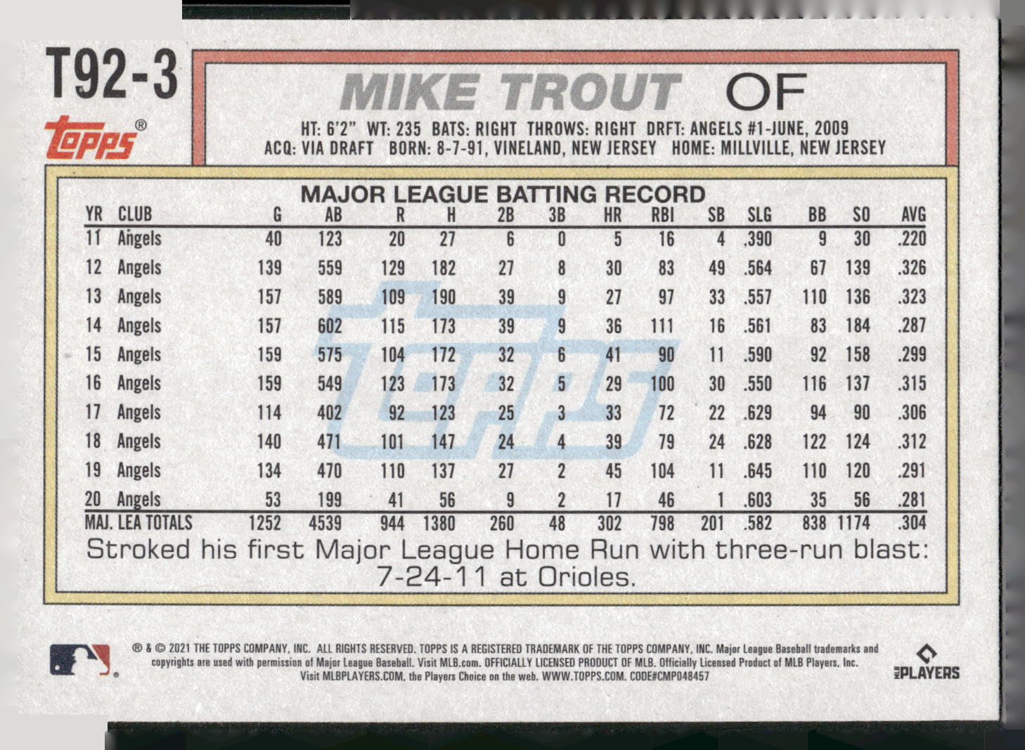 2021 Topps Update #T92-3 Mike Trout 1992 Topps Redux