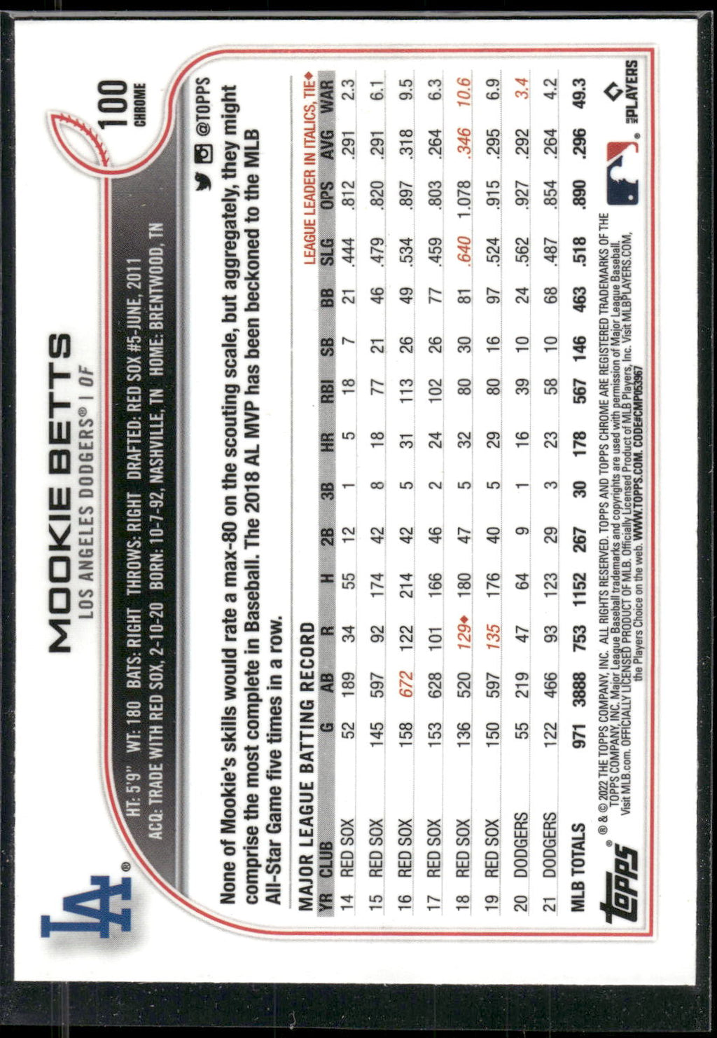 2022 Topps Chrome #100 Mookie Betts