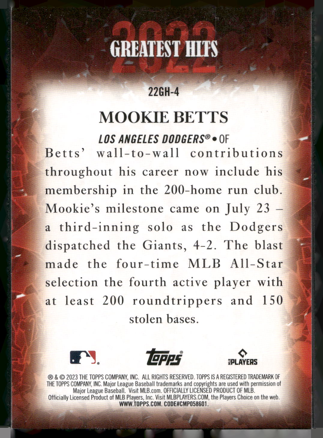 2023 Topps #22GH-4 Mookie Betts 2022 Greatest Hits