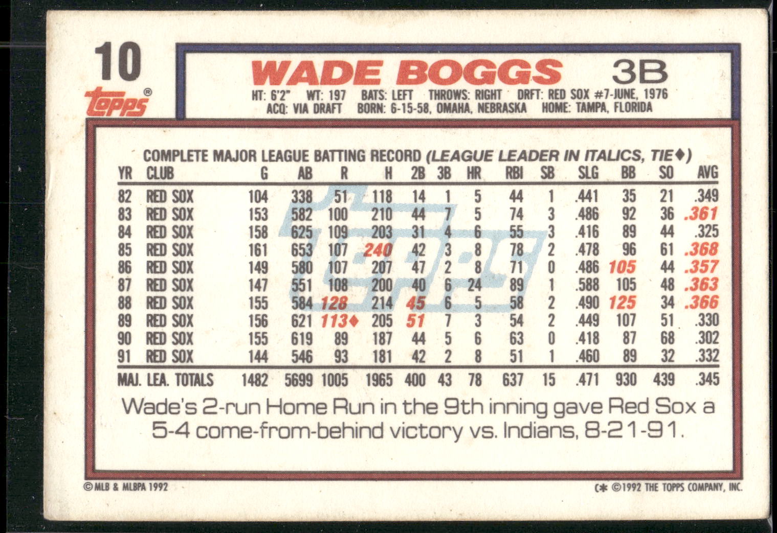 1992 Topps #10 Wade Boggs