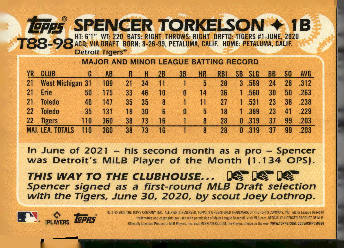 2023 Topps #T88-98 Spencer Torkelson 1988 Topps Baseball 35th