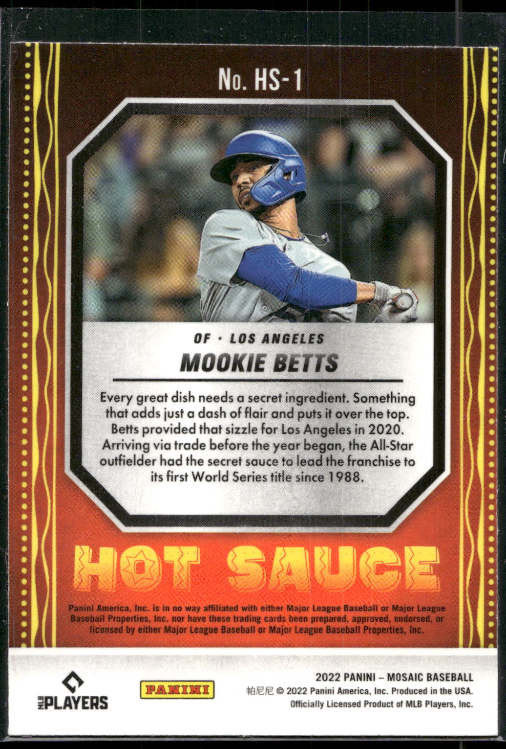 2022 Panini Mosaic #HS-1 Mookie Betts Hot Sauce