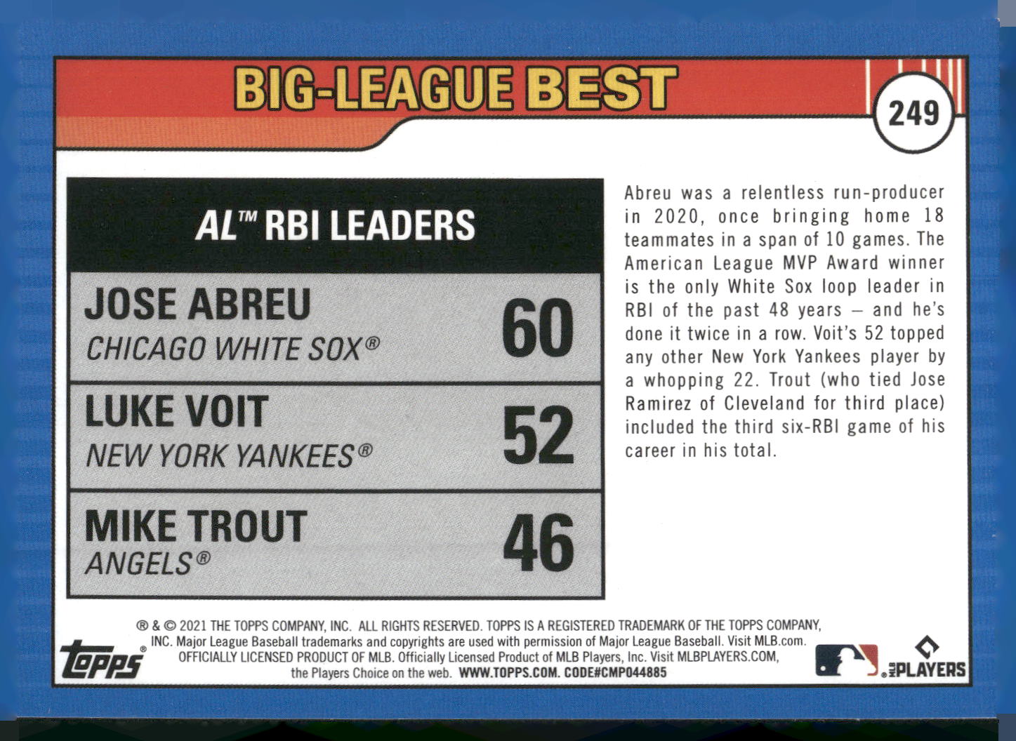 2021 Topps Big League #249 AL RBI Leaders (Jose Abreu / Voit / Mike Trout)