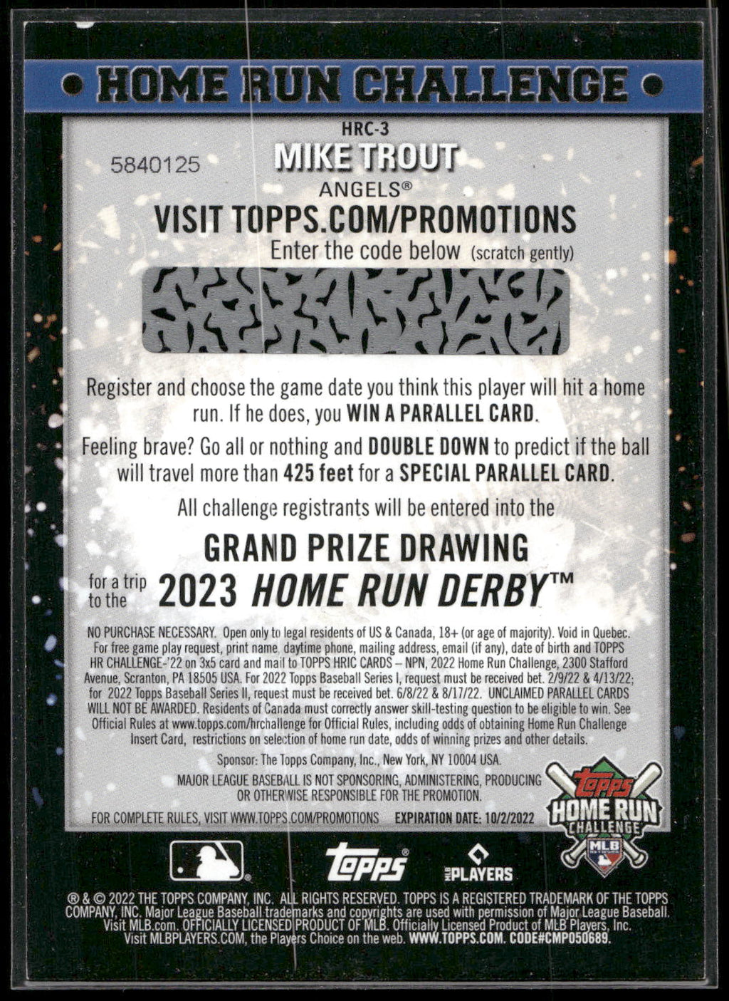 2022 Topps #HRC-3 Mike Trout Home Run Challenge Code Cards (Series One)