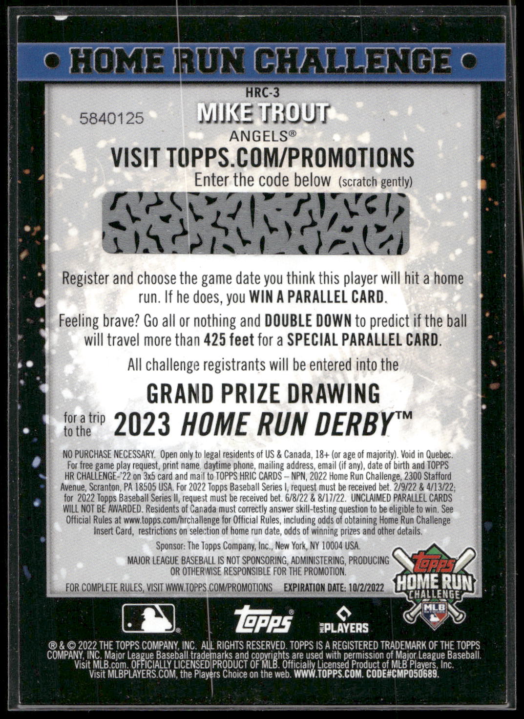 2022 Topps #HRC-3 Mike Trout Home Run Challenge Code Cards (Series One)