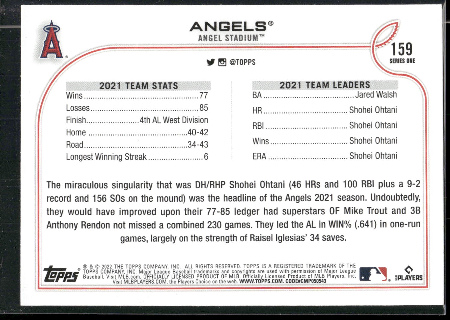 2022 Topps #159 Los Angeles Angels