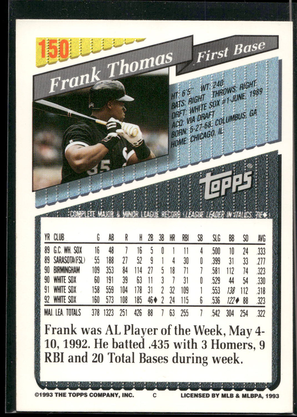 1993 Topps #150 Frank Thomas