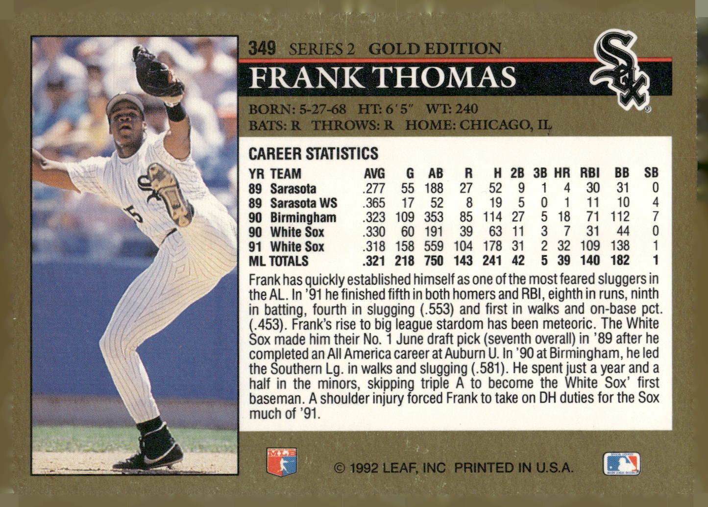 1992 Leaf #349 Frank Thomas Black Gold