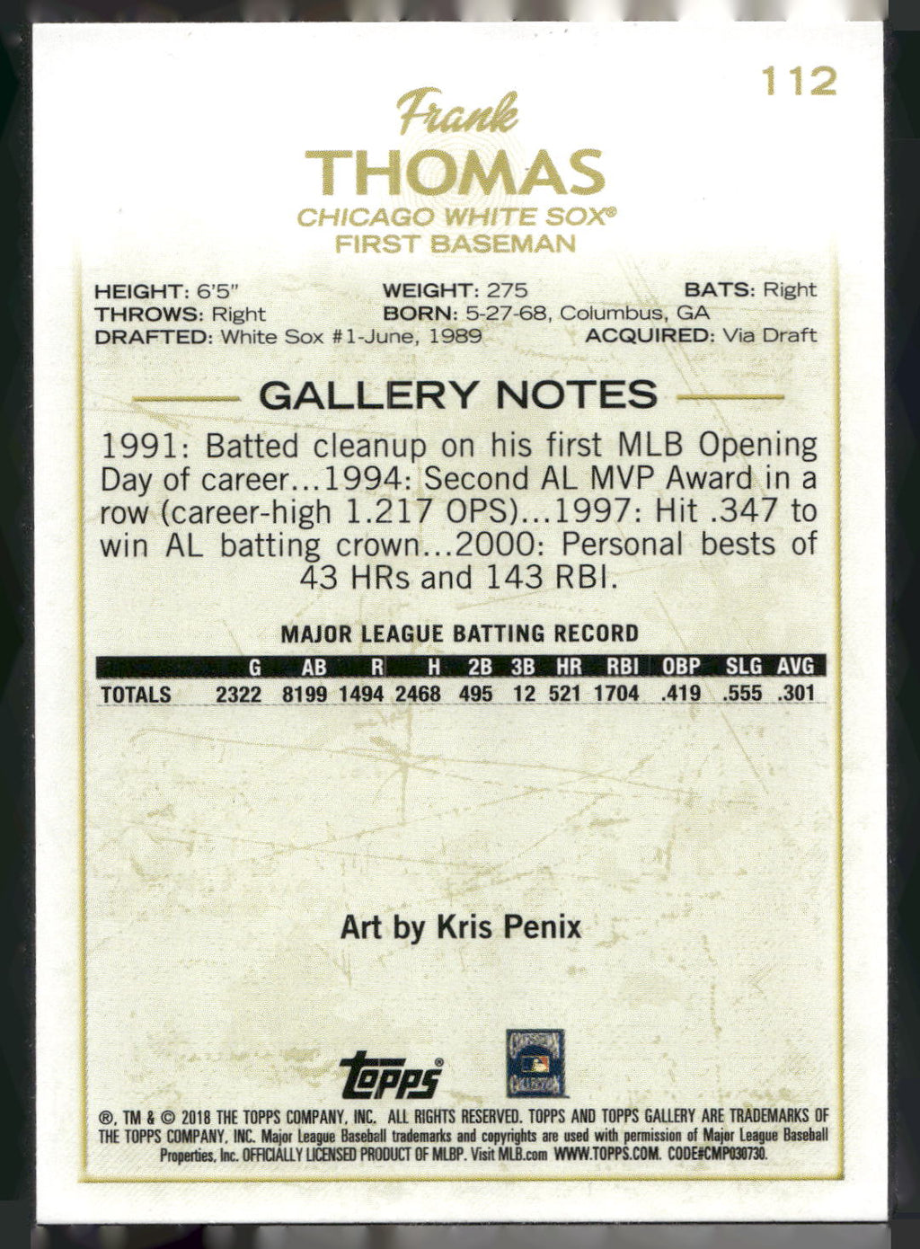 2018 Topps Gallery #112 Frank Thomas