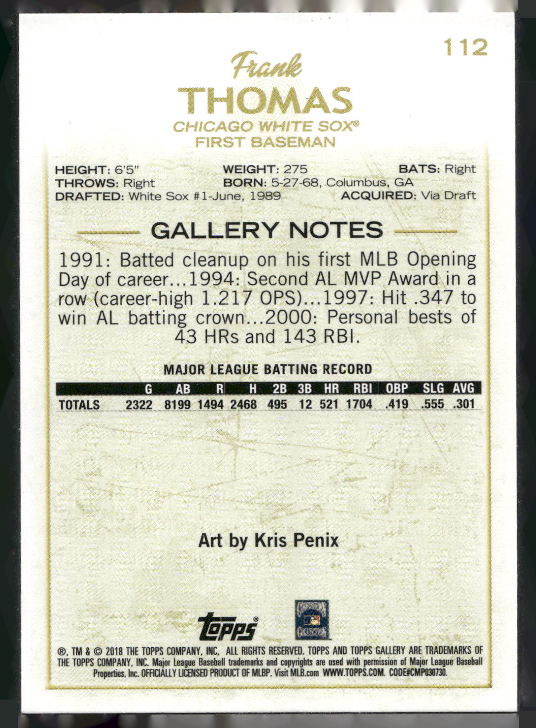 2018 Topps Gallery #112 Frank Thomas