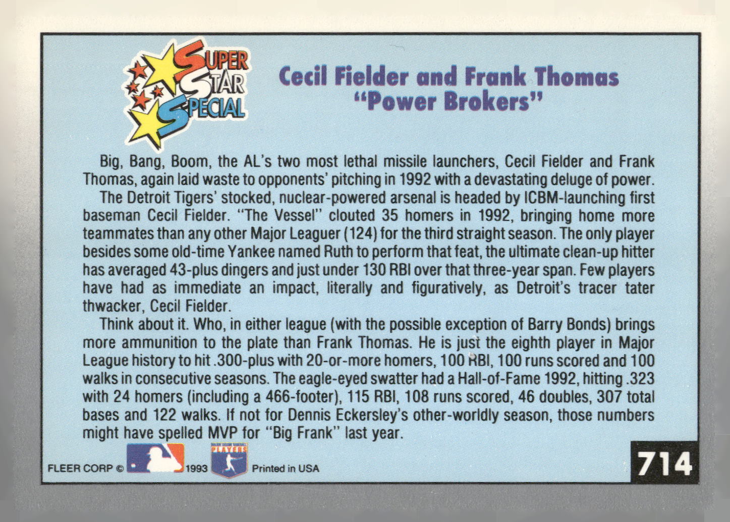 1993 Fleer #714 Power Brokers (Cecil Fielder / Frank Thomas)