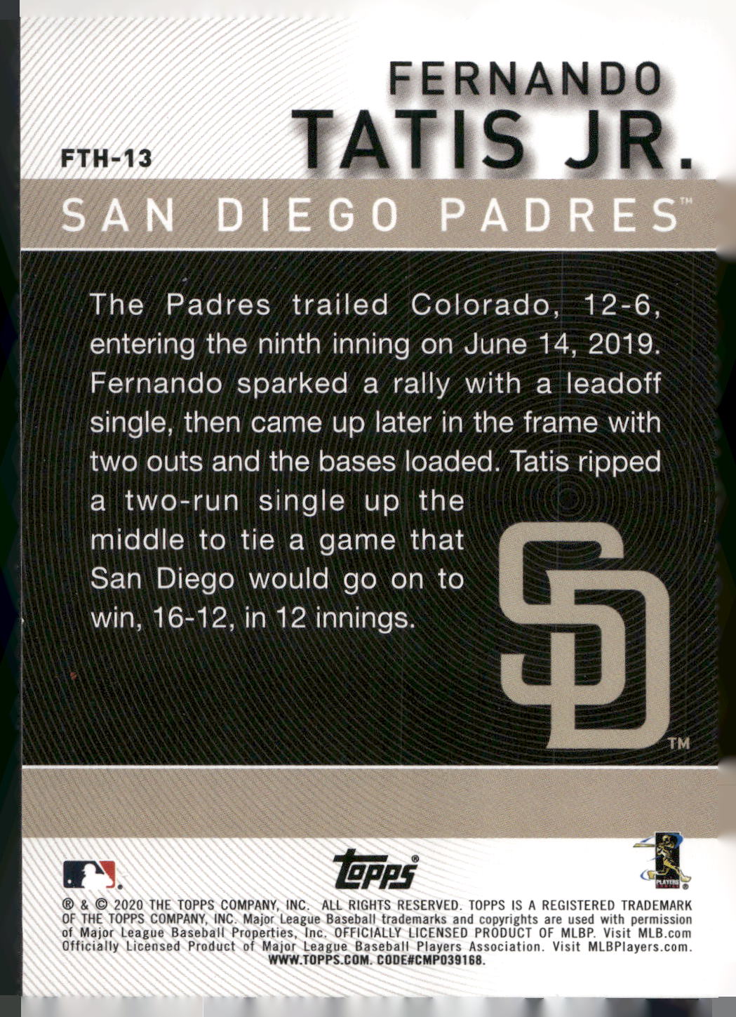 2020 Topps #FTH-13 Fernando Tatis Jr. Fernando Tatis Jr. Highlights