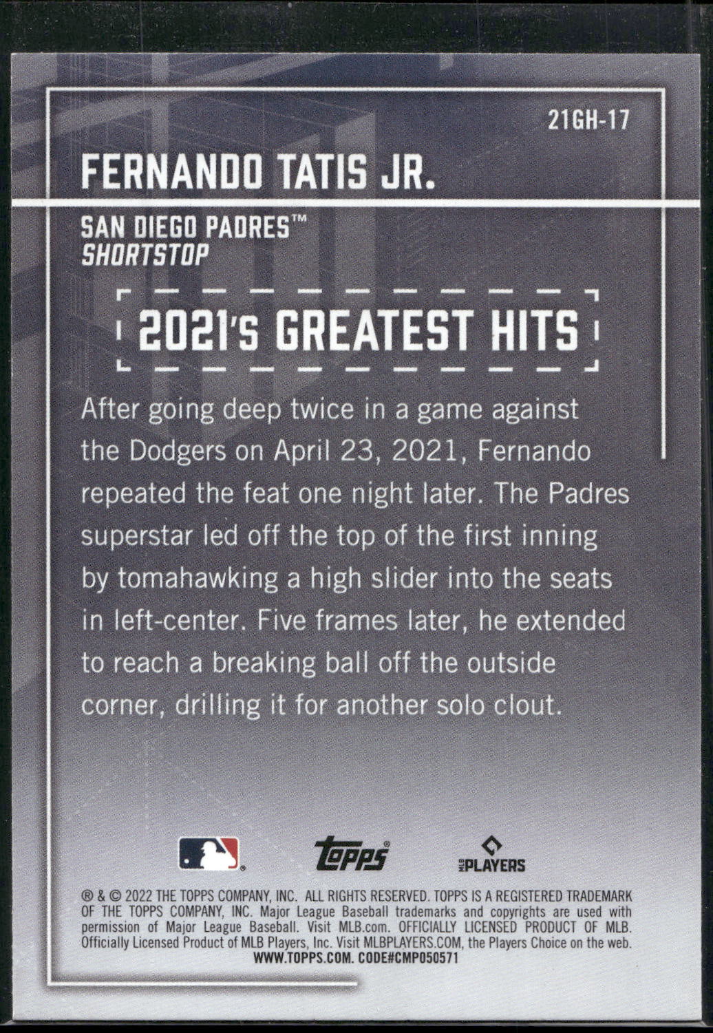 2022 Topps #21GH-17 Fernando Tatis Jr. 2021's Greatest Hits