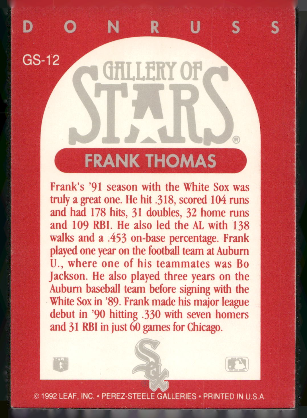 1992 Triple Play #GS-12 Frank Thomas Gallery of Stars
