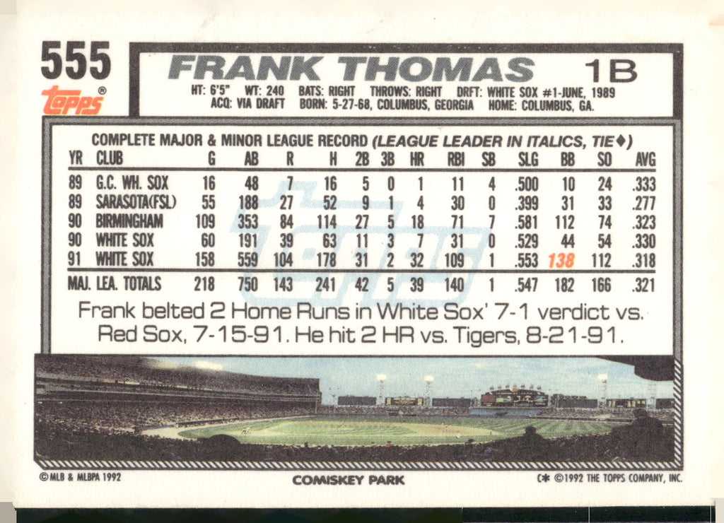 1992 Topps #555b Frank Thomas Gold Winners