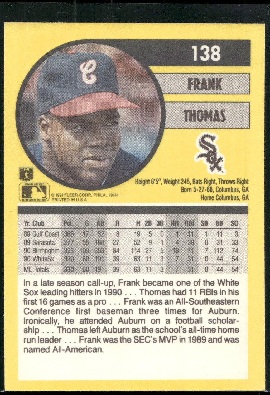 1991 Fleer #138 Frank Thomas