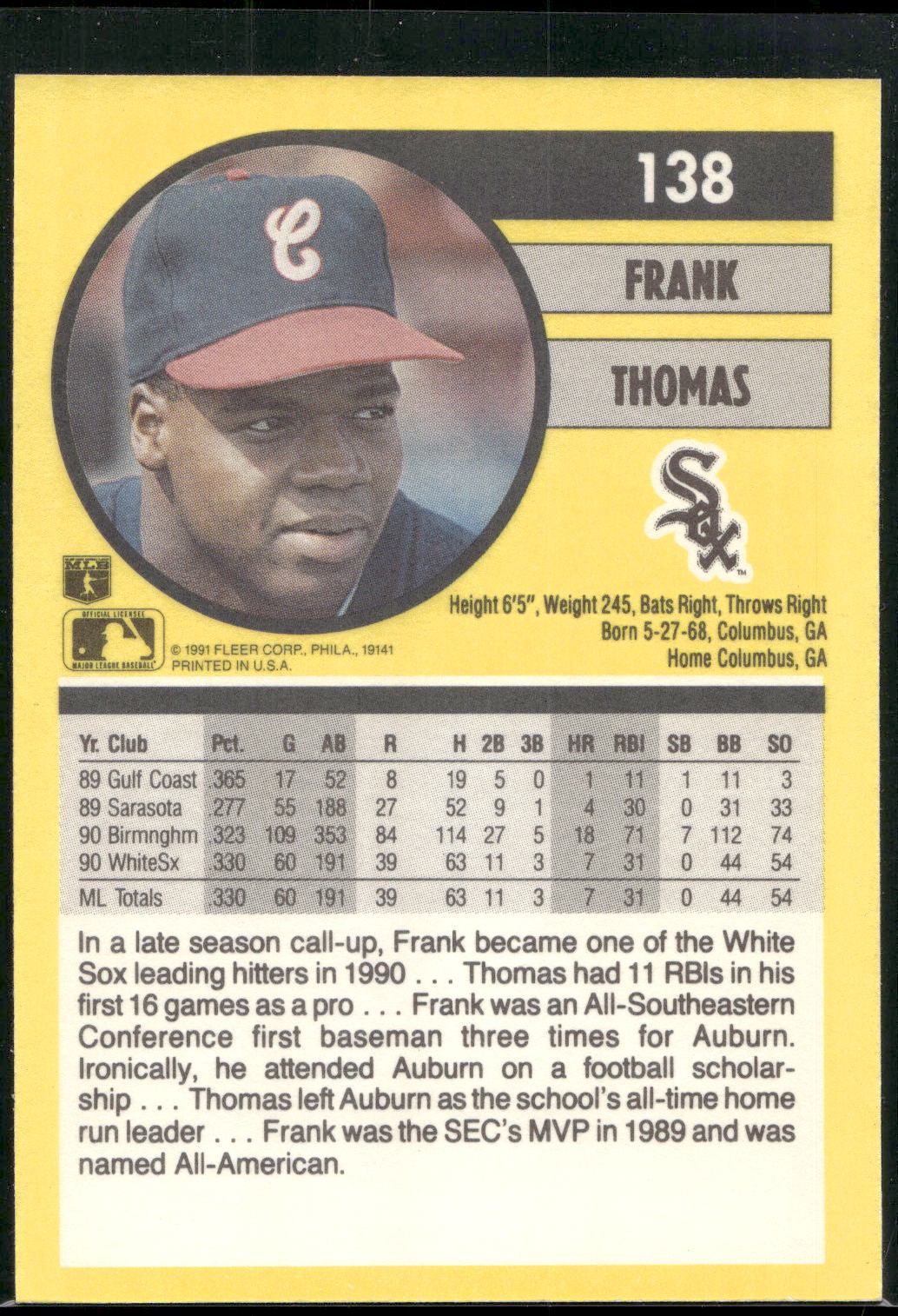 1991 Fleer #138 Frank Thomas