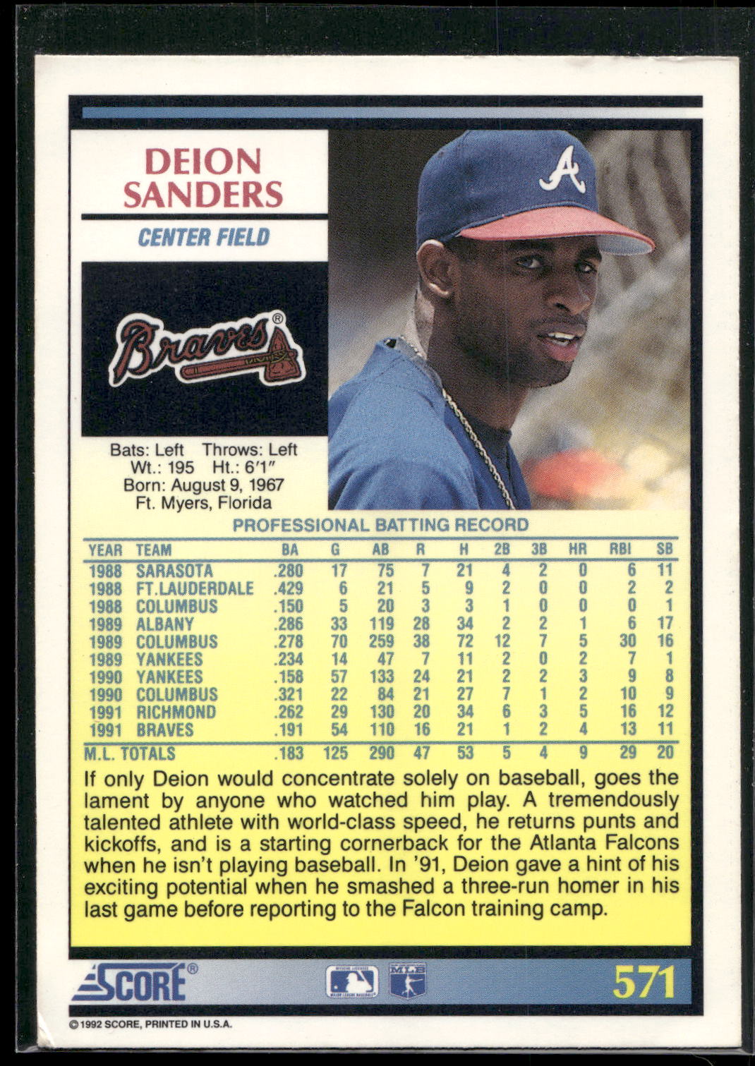 1992 Score #571 Deion Sanders
