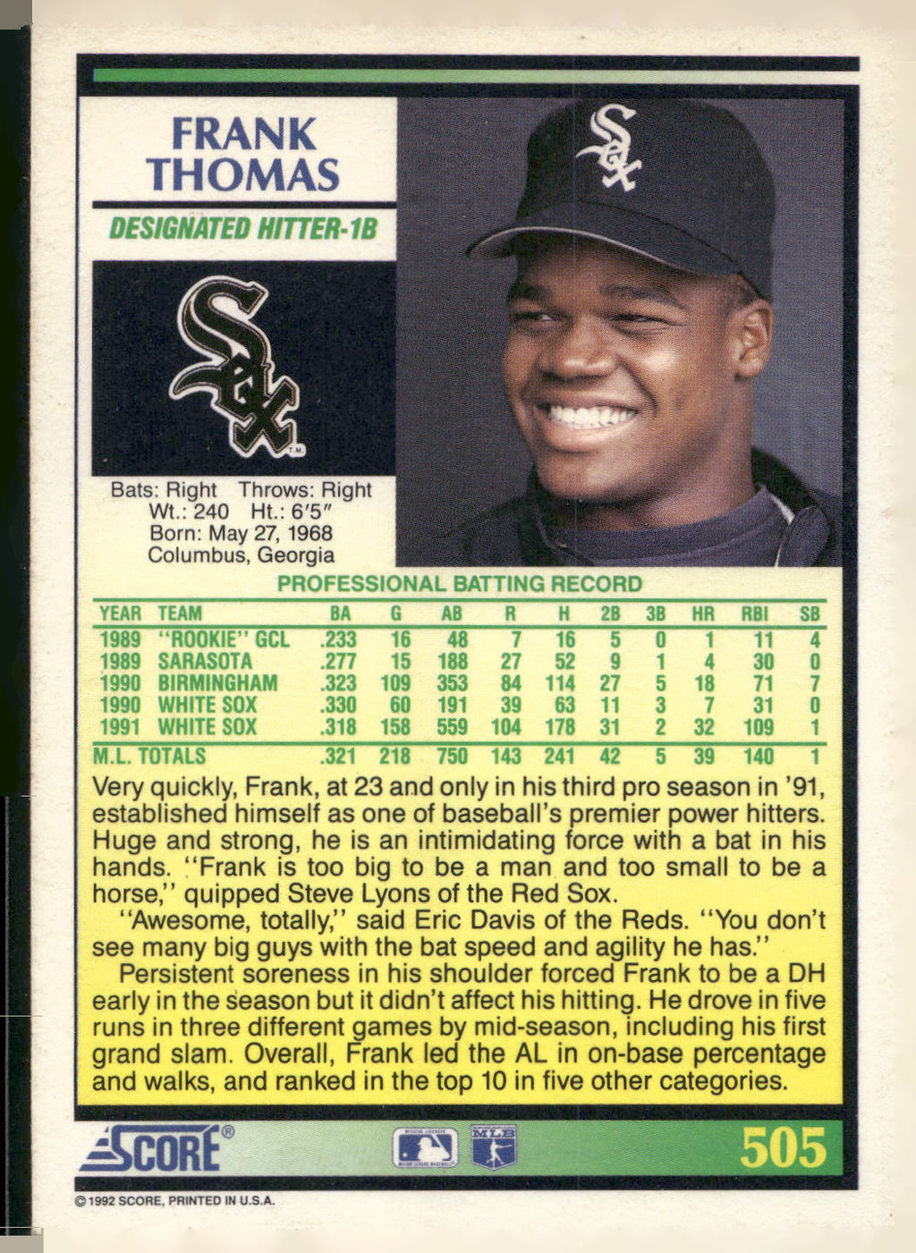 1992 Score #505 Frank Thomas