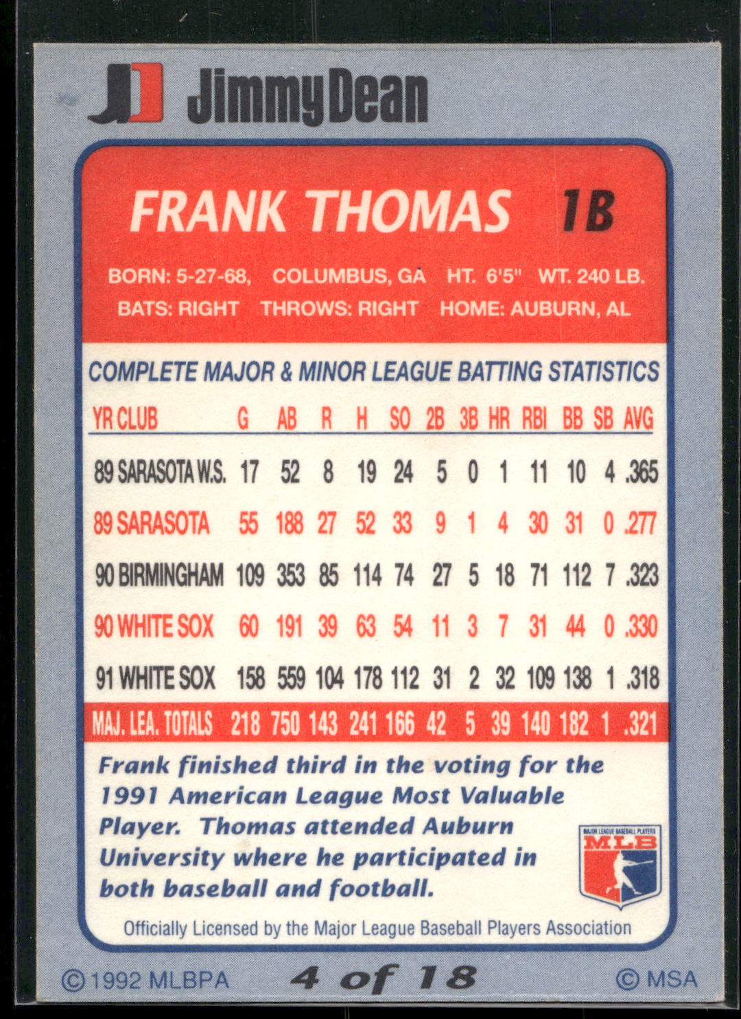 1992 Jimmy Dean #4 Frank Thomas
