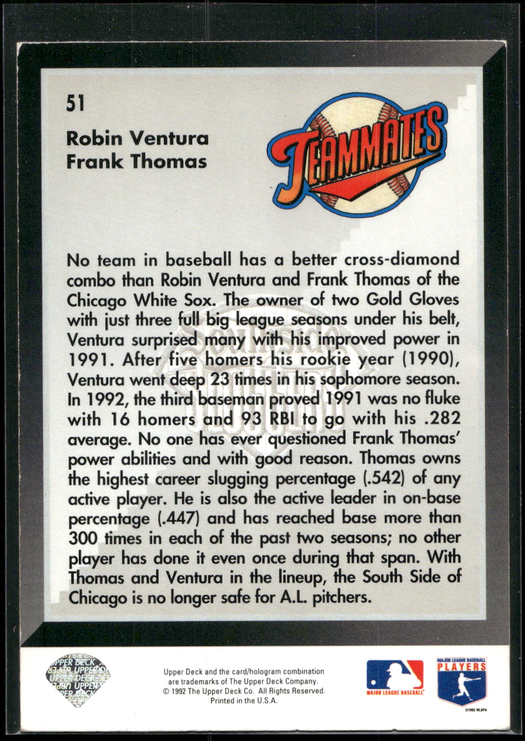 1993 Upper Deck #51 Southside Sluggers (Frank Thomas / Robin Ventura)