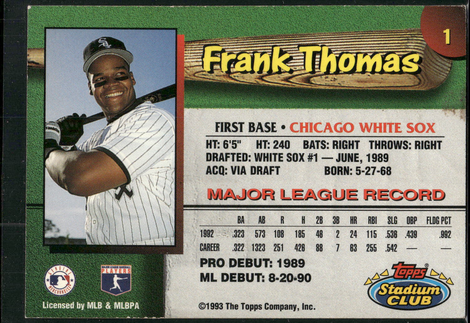 1993 Stadium Club Chicago White Sox #1 Frank Thomas
