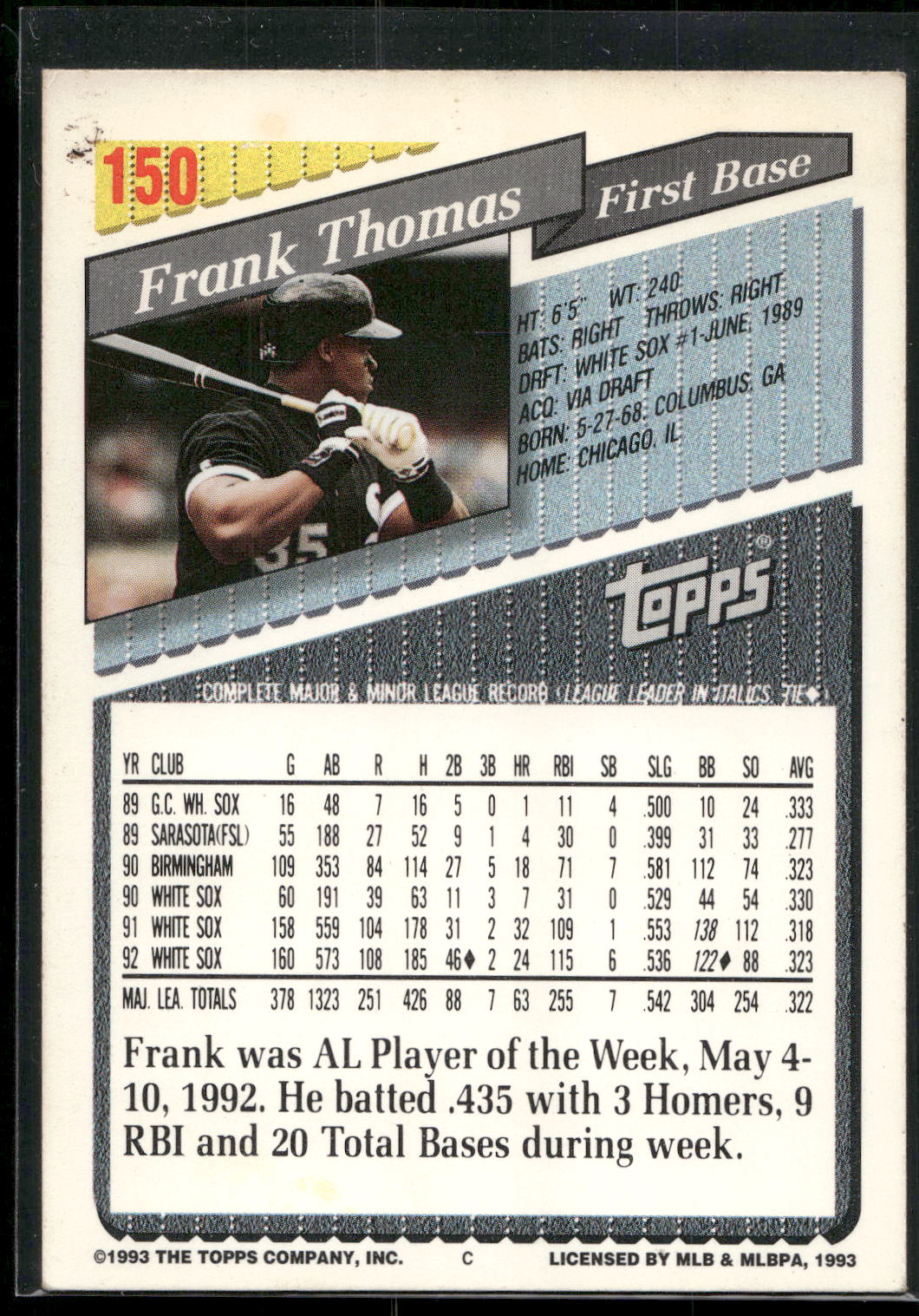1993 Topps #150 Frank Thomas