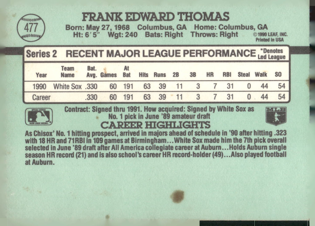 1991 Donruss #477 Frank Thomas