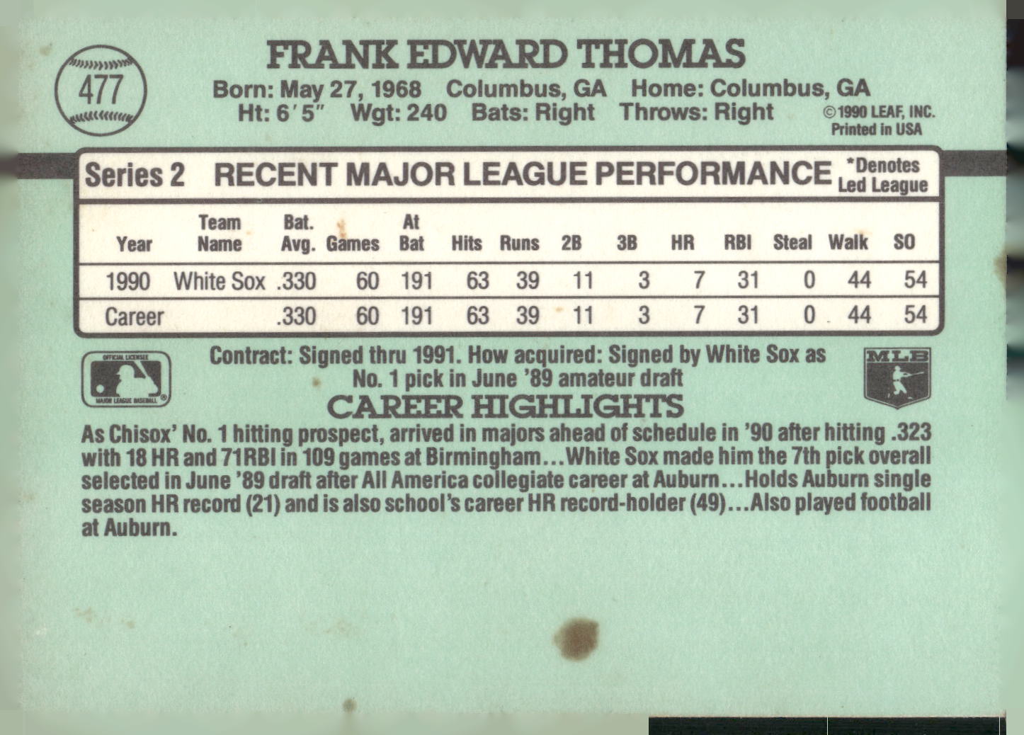 1991 Donruss #477 Frank Thomas
