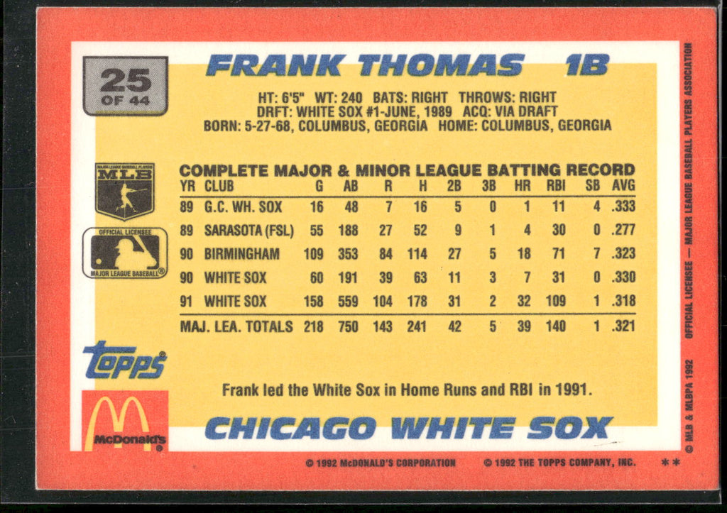 1992 Topps McDonald's Baseball's Best #25 Frank Thomas