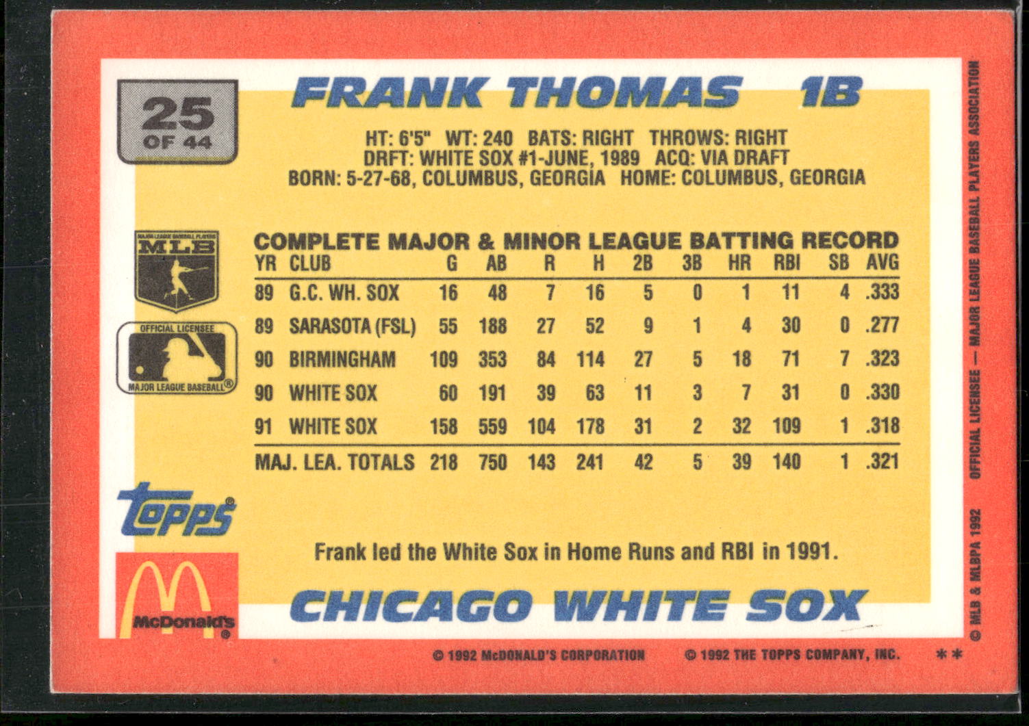 1992 Topps McDonald's Baseball's Best #25 Frank Thomas