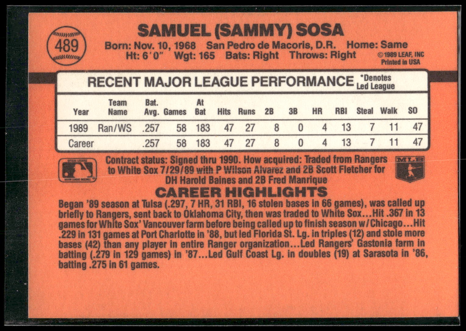 1990 Donruss #489 Sammy Sosa
