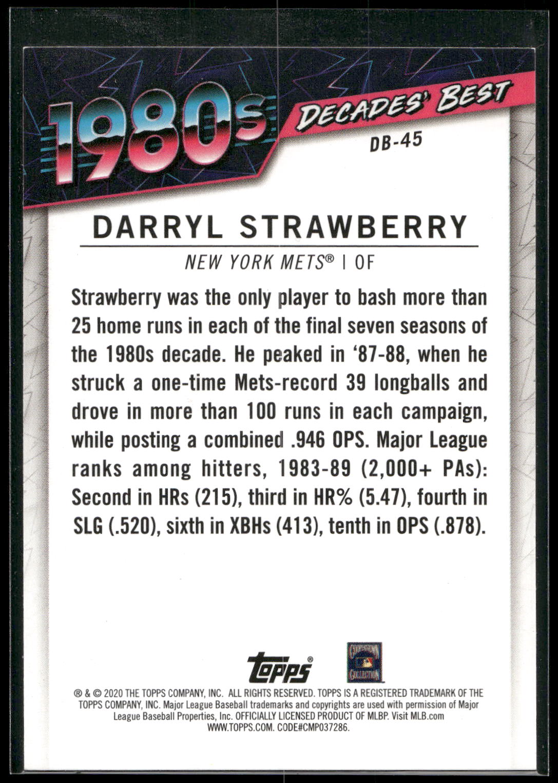 2020 Topps #DB-45 Darryl Strawberry Decades' Best (Series One)