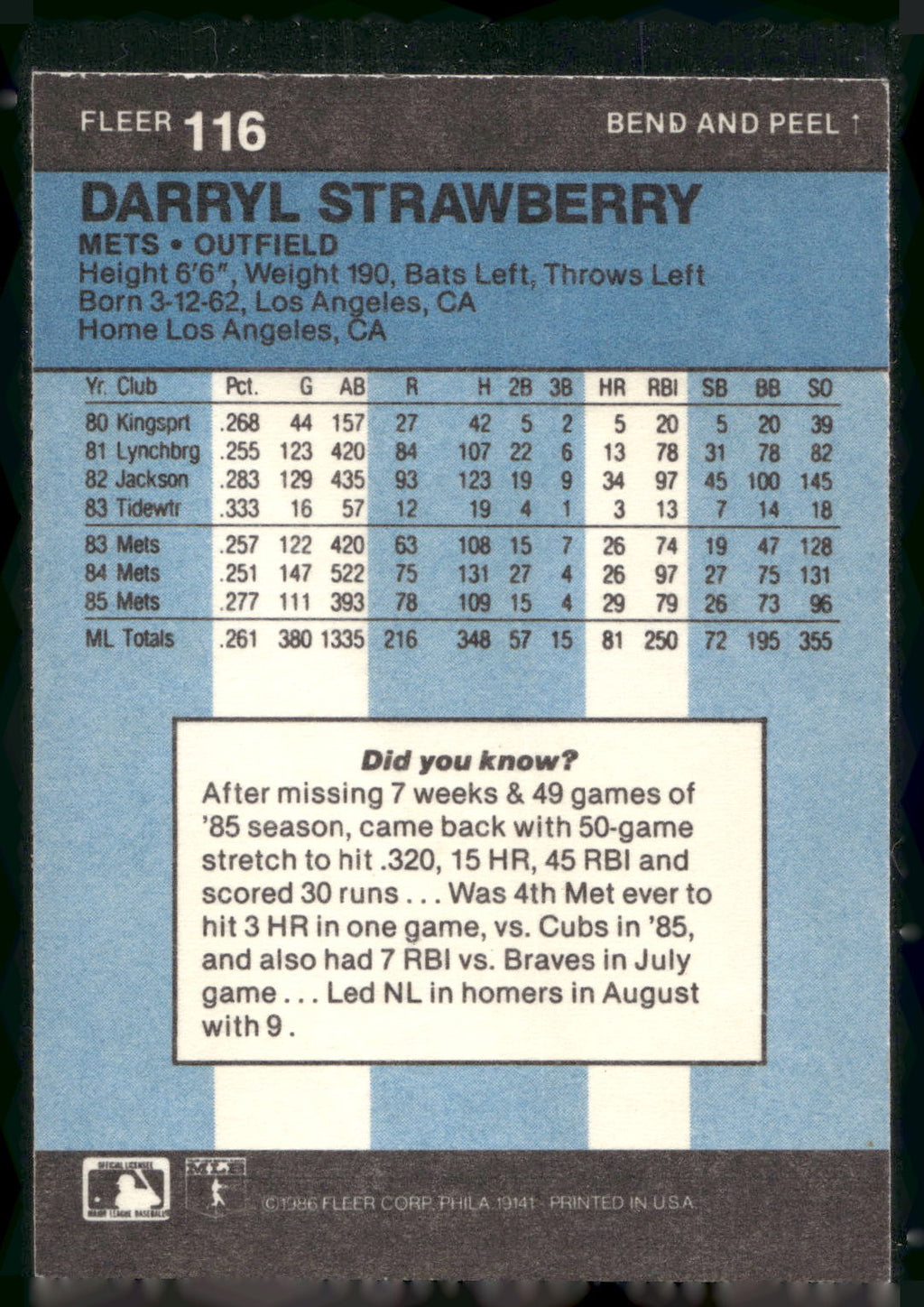 1986 Fleer Star Stickers #116 Darryl Strawberry