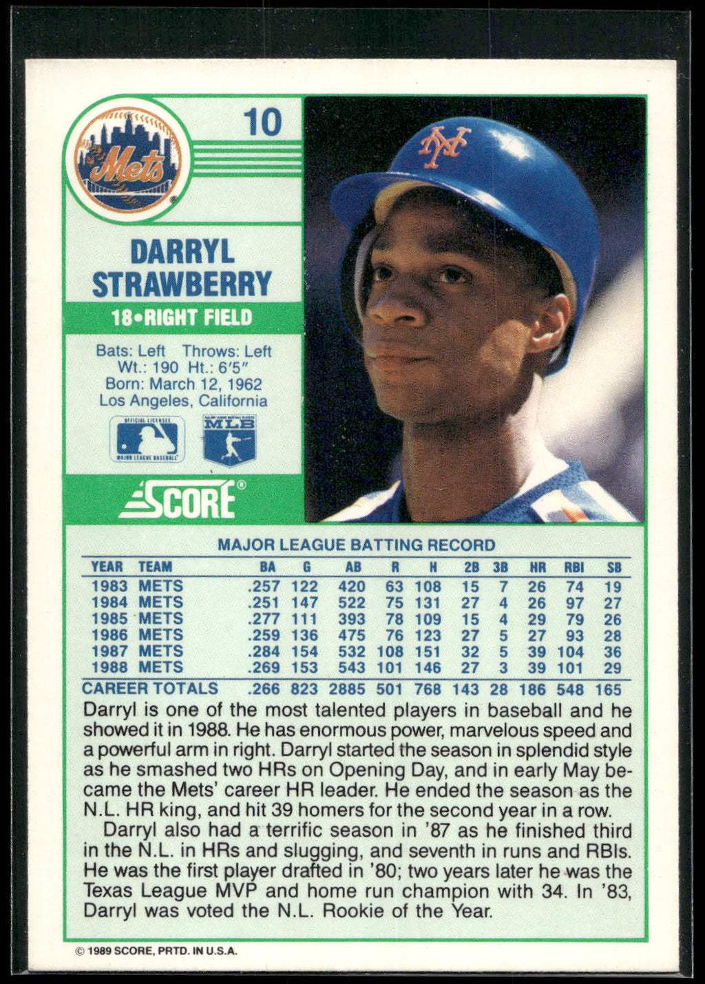 1989 Score #10 Darryl Strawberry