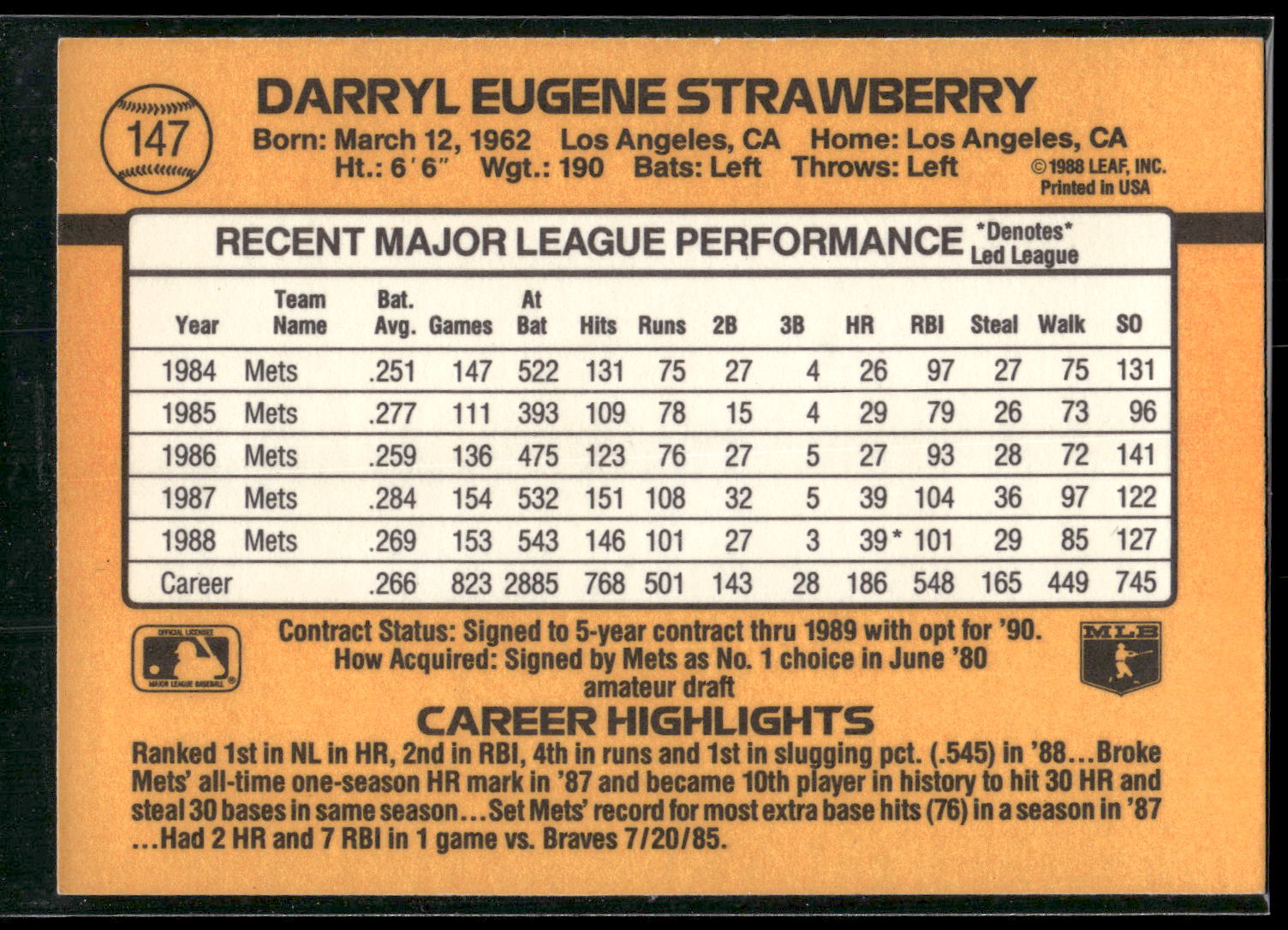 1989 Donruss #147 Darryl Strawberry