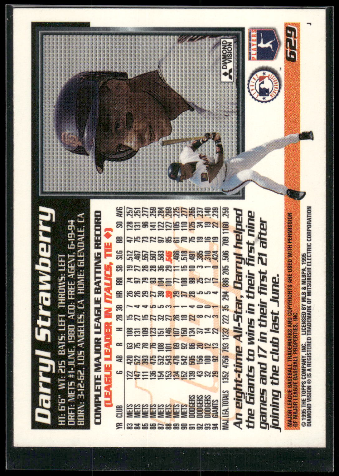 1995 Topps #629 Darryl Strawberry