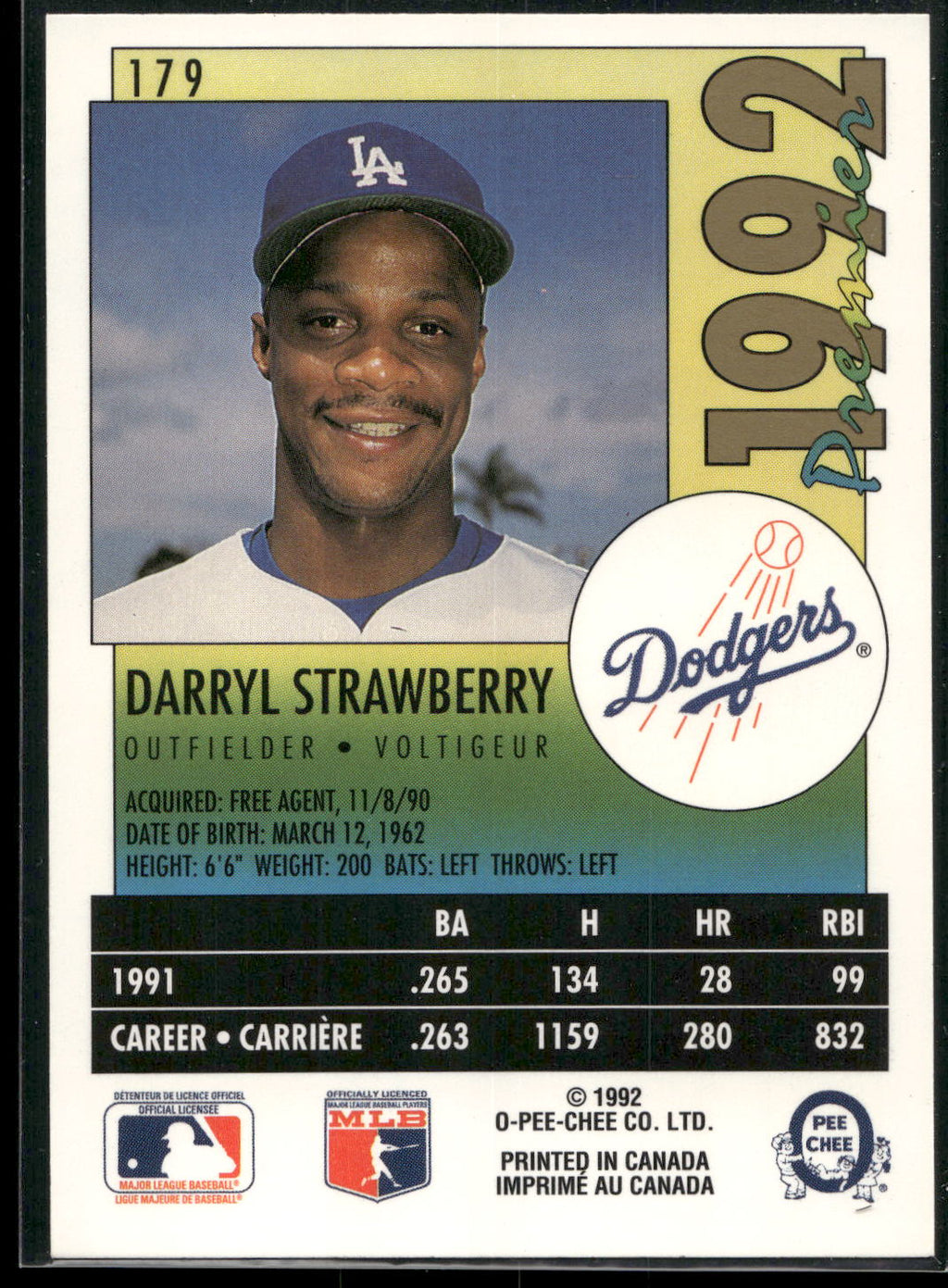 1992 O-Pee-Chee Premier #179 Darryl Strawberry