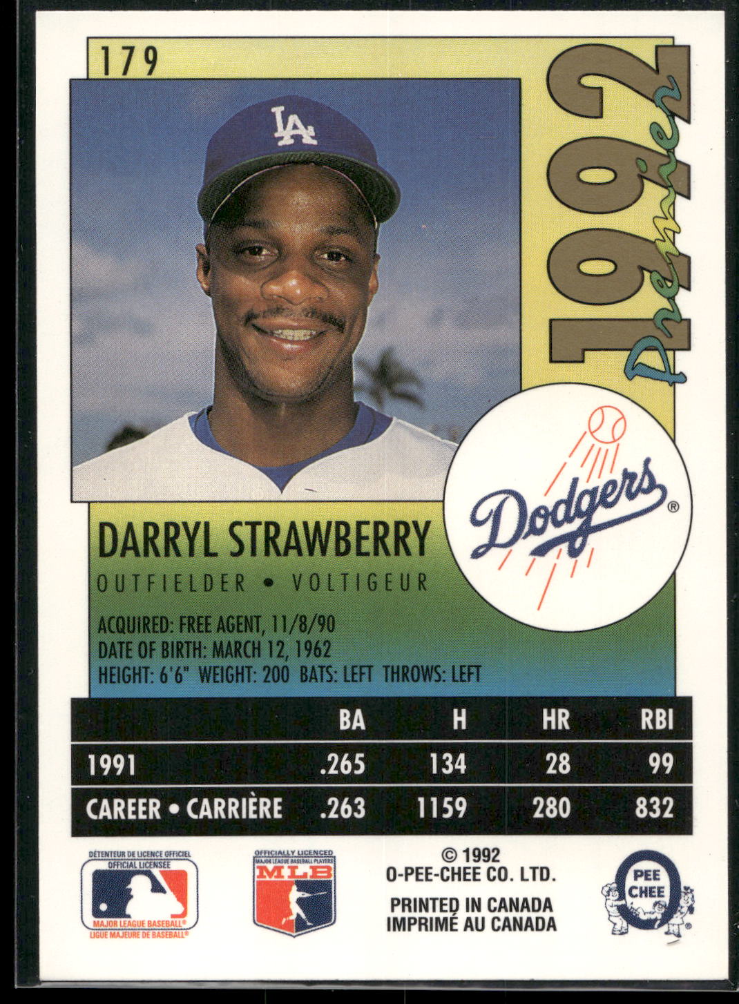 1992 O-Pee-Chee Premier #179 Darryl Strawberry